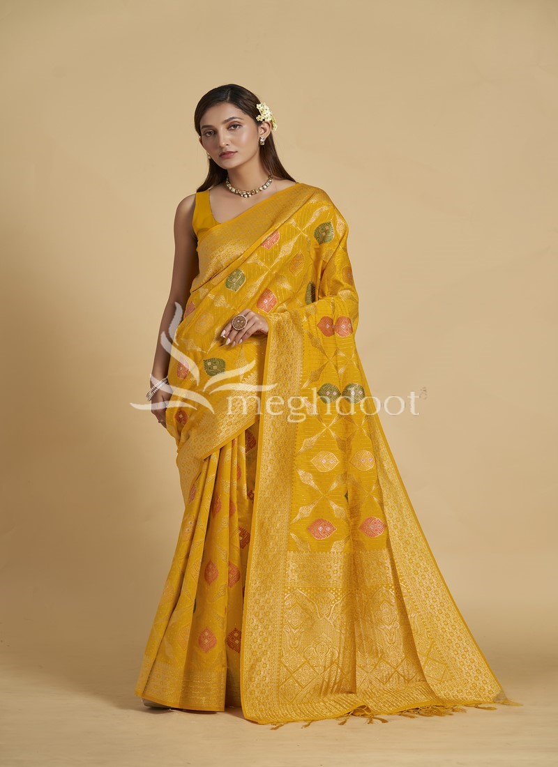 Dollar placement embroidered Dupion Silk Saree – Gobindas Shop