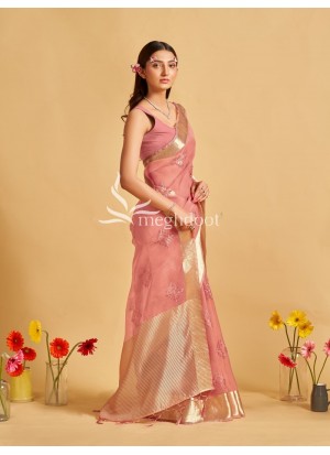 Gajari color Organza Saree with Sequin and thread work