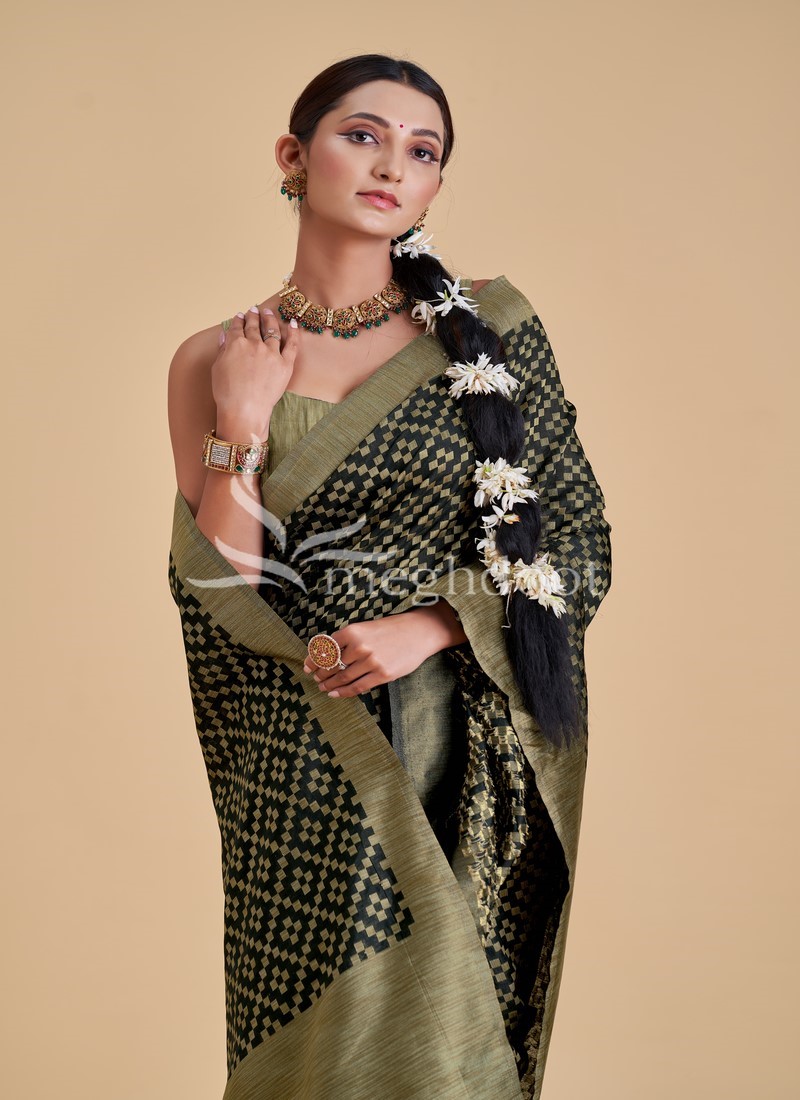 Black color lichi silk saree with silver zari work